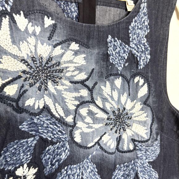 Holding Horses Dress Womens 8 Blue Denim Embroidered Floral Shift Anthropologie - Picture 6 of 11